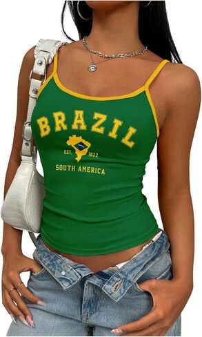 SweatyRocks Women's Brazil Letter Graphic Cami Tank Top Y2k Contrast Binding Fitted Vintage Streetwear Tops in Saudi Arabia