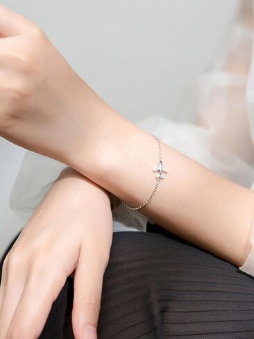 Silver Thin Link Bracelet Sparkling CZ Dainty Airplane Cross Bracelets for Women Infinity Heart Adjustable Bracelets Simple Unique Birthday Bangles Gifts for Lover Stewardess Pilots, Large, in Saudi Arabia