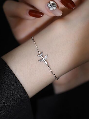 Silver Thin Link Bracelet Sparkling CZ Dainty Airplane Cross Bracelets for Women Infinity Heart Adjustable Bracelets Simple Unique Birthday Bangles Gifts for Lover Stewardess Pilots, Large, in Saudi Arabia
