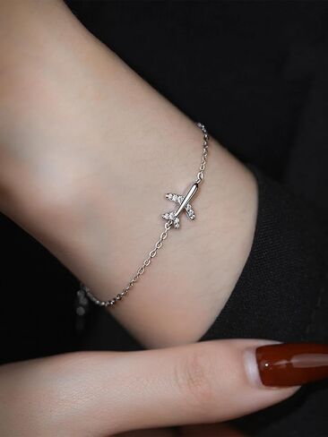 Silver Thin Link Bracelet Sparkling CZ Dainty Airplane Cross Bracelets for Women Infinity Heart Adjustable Bracelets Simple Unique Birthday Bangles Gifts for Lover Stewardess Pilots, Large, in Saudi Arabia