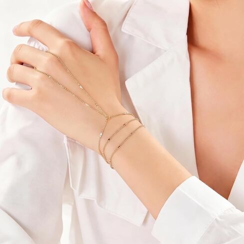 4Pcs Gold-Plated Hand Chain Bracelets for Women Bracelets Stack Set Trendy Dainty Ring Bracelet Hand Chain Jewelry in Saudi Arabia
