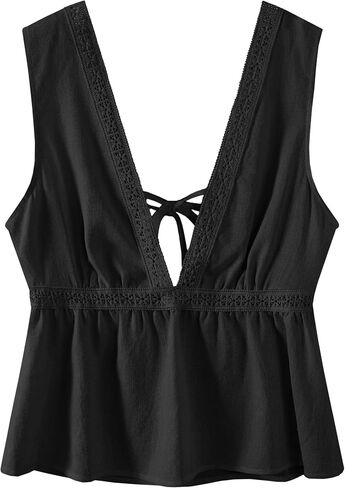 Remidoo Women's Tie Backless Peplum Tank Top Eyelet Trim Deep V Neck Sleeveless Blouse in Kuwait