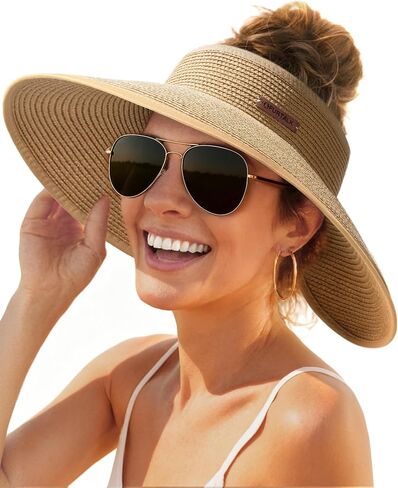 FURTALK Sun Visor Hats for Women Wide Brim Straw Ponytail Summer Beach Hat UV UPF Packable Foldable Travel in Kuwait