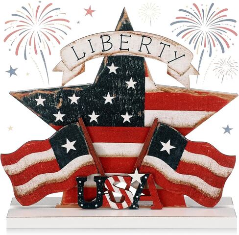4th of July Wooden Star Table Decor Red White Blue Patriotic USA Liberty Star American Flag Tabletop Sign 250th Anniversary Rustic Table Tiered Tray Decor for Independence Day Memorial Day in Saudi Arabia