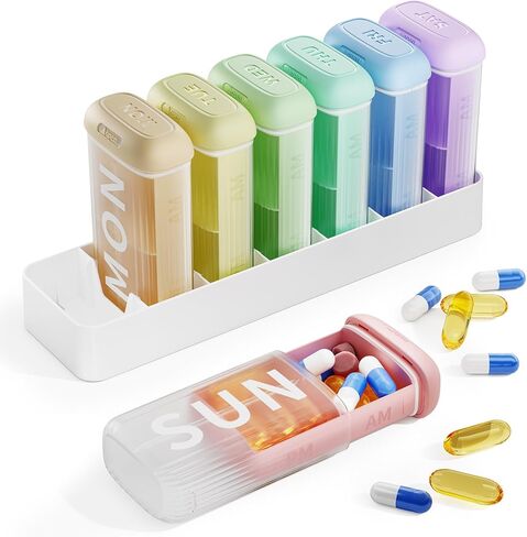 Daviky Pill Organizer 2 Times a Day, AM PM Pill Organizer 7 Day with 7 Removable Daily Cases, Weekly Pill Box with Large Print Labels, Easy Open Travel Pill Case for Vitamins and Medication, Rainbow in Saudi Arabia