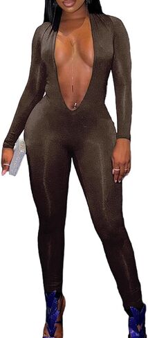 Molilove Jumpsuit for Women Sexy V Neck Bodycon Pants Jumpsuits Soft Long Sleeve One Piece Outfits Stretch Clubwear in Saudi Arabia