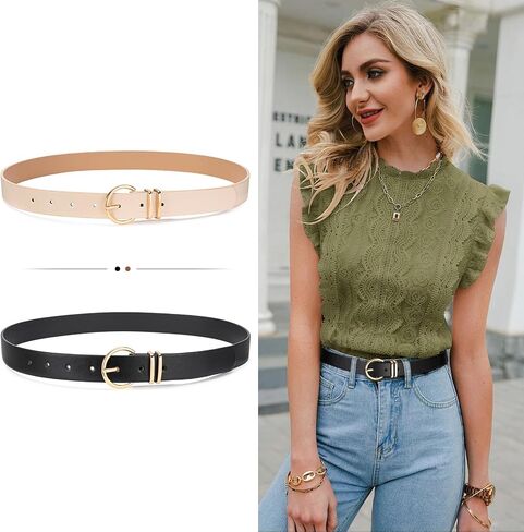 Leather Belts for Women's 2 Pack Casual Fashion Waist Belt with Gold Buckle for Jeans Dresses Pants in Saudi Arabia