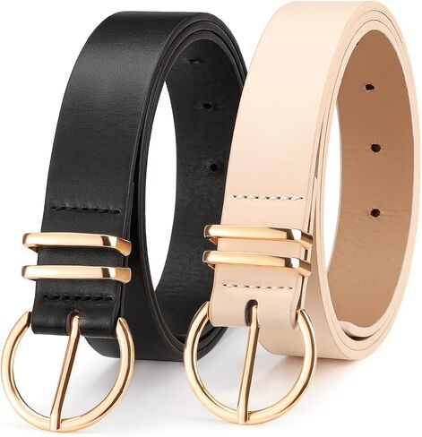 Leather Belts for Women's 2 Pack Casual Fashion Waist Belt with Gold Buckle for Jeans Dresses Pants in Saudi Arabia