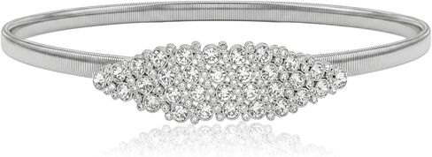Silver Rhinestone Elastic Waist Belt Women's Skinny Metal Waist Belt Elastic Thin Waists Belts Fashion Stretch Waistband Skinny Chain Belts for Formal Occasions Women Girls Dresses Jeans Sweater Coat in Kuwait