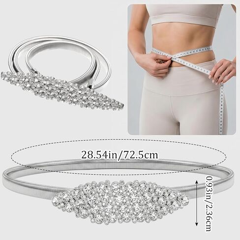 Silver Rhinestone Elastic Waist Belt Women's Skinny Metal Waist Belt Elastic Thin Waists Belts Fashion Stretch Waistband Skinny Chain Belts for Formal Occasions Women Girls Dresses Jeans Sweater Coat in Kuwait