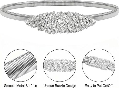 Silver Rhinestone Elastic Waist Belt Women's Skinny Metal Waist Belt Elastic Thin Waists Belts Fashion Stretch Waistband Skinny Chain Belts for Formal Occasions Women Girls Dresses Jeans Sweater Coat in Kuwait