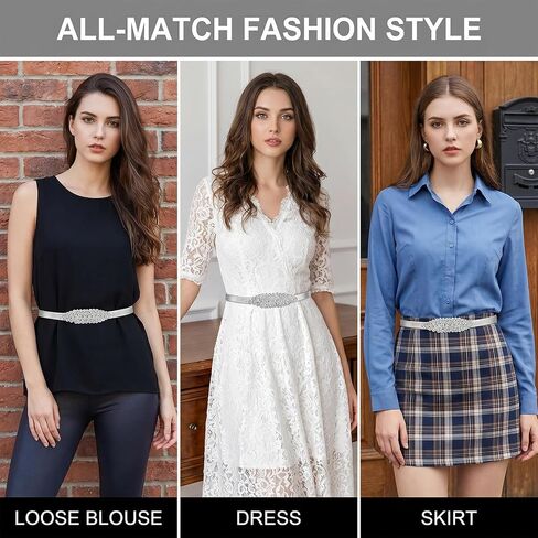Silver Rhinestone Elastic Waist Belt Women's Skinny Metal Waist Belt Elastic Thin Waists Belts Fashion Stretch Waistband Skinny Chain Belts for Formal Occasions Women Girls Dresses Jeans Sweater Coat in Kuwait