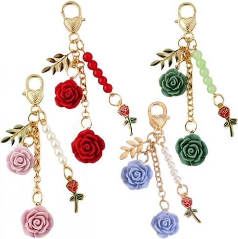 6 PCS Flower Charm Keychain Rose Keychain with Chain Tassel Colorful Rose Pendant Keyring for Women in Saudi Arabia