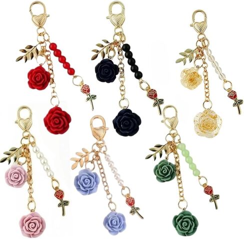 6 PCS Flower Charm Keychain Rose Keychain with Chain Tassel Colorful Rose Pendant Keyring for Women in Saudi Arabia