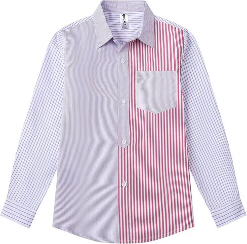 Boys Striped Patchwork Long Sleeve Casual Button Down Shirt, for School, Parties, and Daily Wear, Kids Ages 3-14 in Kuwait