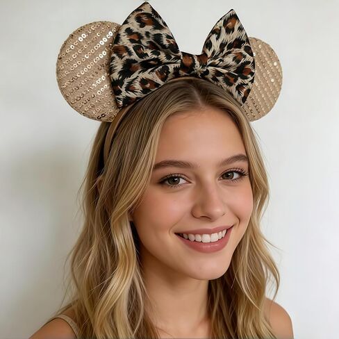 Mouse Ear Headband for Women – Champagne Gold & Leopard Print Sequined Bow, Sparkly Shiny Ears for Theme Park, Cosplay, Party & Costume Accessories in Saudi Arabia