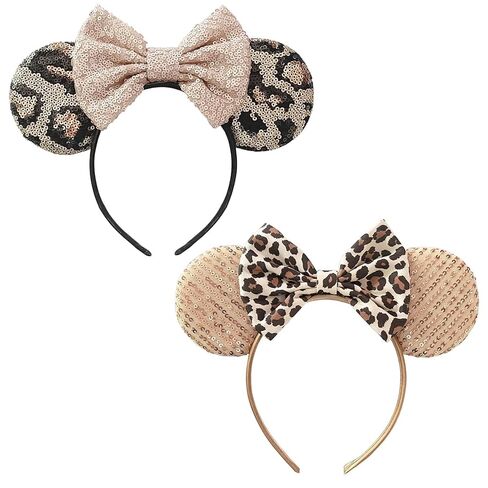 Mouse Ear Headband for Women – Champagne Gold & Leopard Print Sequined Bow, Sparkly Shiny Ears for Theme Park, Cosplay, Party & Costume Accessories in Saudi Arabia