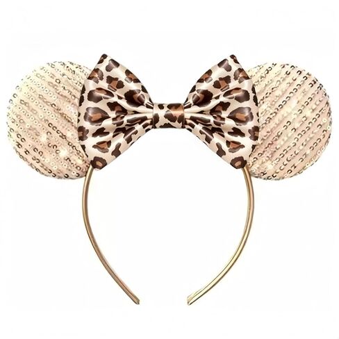 Mouse Ear Headband for Women – Champagne Gold & Leopard Print Sequined Bow, Sparkly Shiny Ears for Theme Park, Cosplay, Party & Costume Accessories in Saudi Arabia