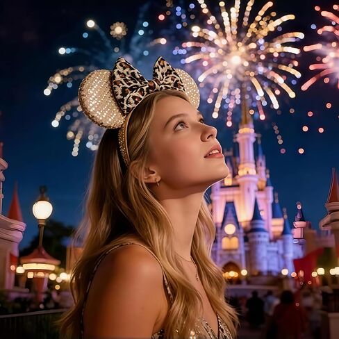 Mouse Ear Headband for Women – Champagne Gold & Leopard Print Sequined Bow, Sparkly Shiny Ears for Theme Park, Cosplay, Party & Costume Accessories in Saudi Arabia