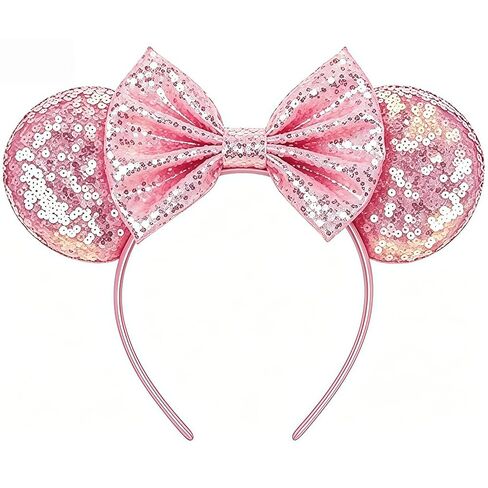 Mouse Ear Headband for Women – Champagne Gold & Leopard Print Sequined Bow, Sparkly Shiny Ears for Theme Park, Cosplay, Party & Costume Accessories in Saudi Arabia