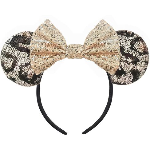 Mouse Ear Headband for Women – Champagne Gold & Leopard Print Sequined Bow, Sparkly Shiny Ears for Theme Park, Cosplay, Party & Costume Accessories in Saudi Arabia