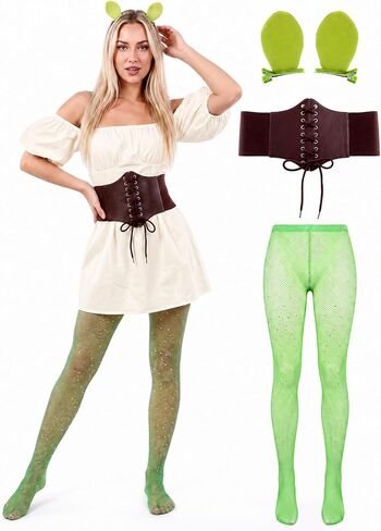 JenPen 3 Pcs Halloween Ogre Cosplay Costume Set for Women Include Green Ogre Ears Hair Clips Brown Waist Cincher Corset Green Sparkle Tights for Halloween Cosplay Event Theme Party in Kuwait