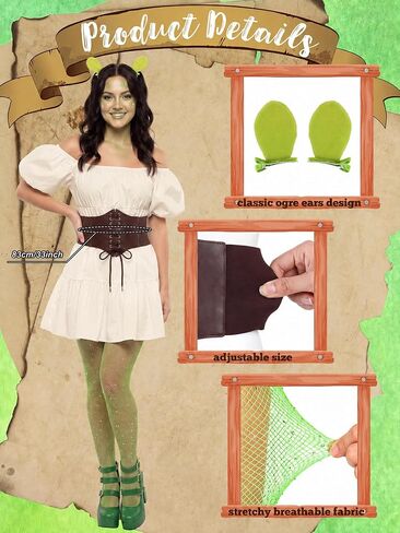 JenPen 3 Pcs Halloween Ogre Cosplay Costume Set for Women Include Green Ogre Ears Hair Clips Brown Waist Cincher Corset Green Sparkle Tights for Halloween Cosplay Event Theme Party in Kuwait