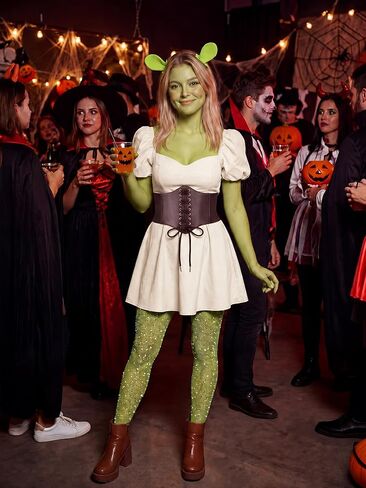 JenPen 3 Pcs Halloween Ogre Cosplay Costume Set for Women Include Green Ogre Ears Hair Clips Brown Waist Cincher Corset Green Sparkle Tights for Halloween Cosplay Event Theme Party in Kuwait