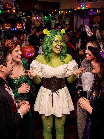 JenPen 3 Pcs Halloween Ogre Cosplay Costume Set for Women Include Green Ogre Ears Hair Clips Brown Waist Cincher Corset Green Sparkle Tights for Halloween Cosplay Event Theme Party in Kuwait