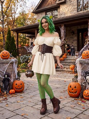JenPen 3 Pcs Halloween Ogre Cosplay Costume Set for Women Include Green Ogre Ears Hair Clips Brown Waist Cincher Corset Green Sparkle Tights for Halloween Cosplay Event Theme Party in Kuwait