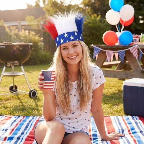 SHANPIN Red, White & Blue Troll Wig Hat & Costume Accessory USA Headdress & Sweatband for 4th of July, Memorial Day, Sports Events, Parties, Cosplay, and Halloween in Saudi Arabia