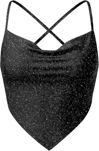 Clarisbelle Summer Womens Sequin Spaghetti Strap Ruched Disco Cami Backless Cowl Neck Sleeveless Crop Top in Saudi Arabia