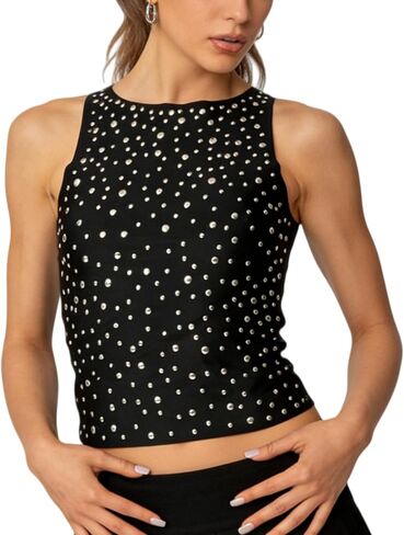 NUFIWI Women Studded Tank Top Silver Rivets Trim Crop Top Sleeveless Sexy Going Out Tops Trendy Streetwear in Kuwait
