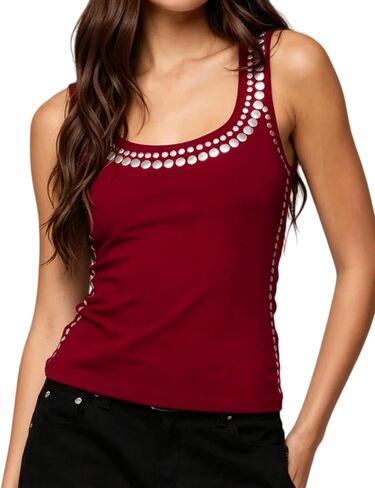 NUFIWI Women Studded Tank Top Silver Rivets Trim Crop Top Sleeveless Sexy Going Out Tops Trendy Streetwear in Kuwait