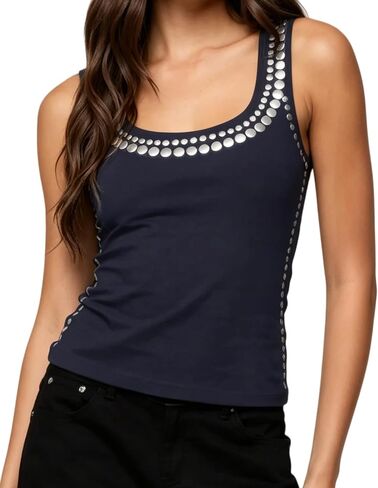 NUFIWI Women Studded Tank Top Silver Rivets Trim Crop Top Sleeveless Sexy Going Out Tops Trendy Streetwear in Kuwait