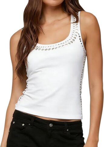 NUFIWI Women Studded Tank Top Silver Rivets Trim Crop Top Sleeveless Sexy Going Out Tops Trendy Streetwear in Kuwait