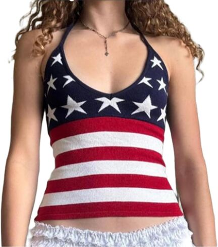 HOXIJIA Women American Flag Knit Tank Top Sleeveless Halter Neck Backless Crop Vest 4th of July Patriotic Knitwear Camisole in Kuwait