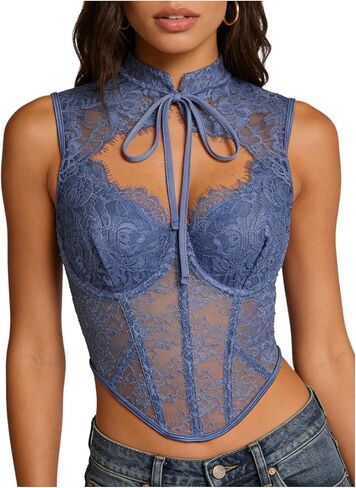 OYOANGLE Women's Floral Lace Mesh Bustier Corset Tank Top Sleeveless Tie Neck Cutout Coquette Tops in Kuwait