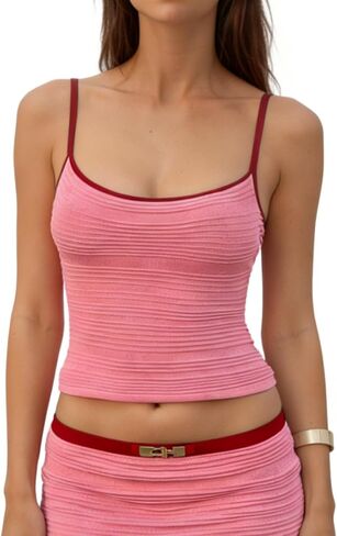 Women Y2k Knitted Striped Tank Tops Spaghetti Strap Crop Shirt Scoop Neck Vest Slim Fit Sleeveless Clothes in Saudi Arabia