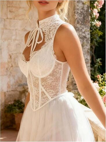 OYOANGLE Women's Floral Lace Mesh Bustier Corset Tank Top Sleeveless Tie Neck Cutout Coquette Tops in Kuwait