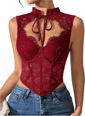 OYOANGLE Women's Floral Lace Mesh Bustier Corset Tank Top Sleeveless Tie Neck Cutout Coquette Tops in Kuwait