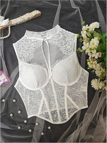 OYOANGLE Women's Floral Lace Mesh Bustier Corset Tank Top Sleeveless Tie Neck Cutout Coquette Tops in Kuwait