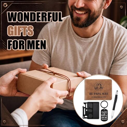مجموعة هدايا Dia Del Padre Regalo للأب المكسيكي من 4 قطع، محفظة جلدية El Papa Mas Chingon، قلم متعدد الأدوات، سلسلة مفاتيح، بطاقة أدوات للرجال والجد في عيد ميلاد الأب in Kuwait