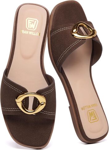 FW FRAN WILLOR Women's Metal Decorated Flat Sandals Fashion Square Open Toe Summer Beach Dressy Slip On Slide Sandals in Kuwait