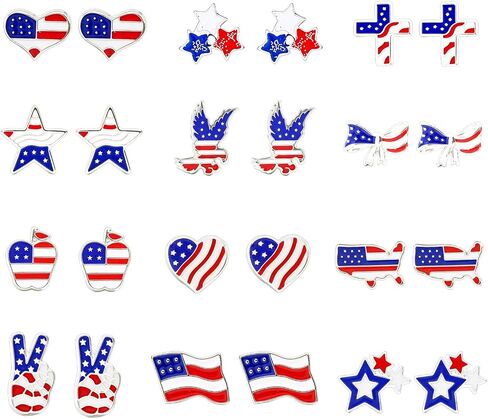 MALOYANVE 12 Pairs 4th of July Stud Earrings for Women Dainty Red Blue Star American Flag Butterfly USA Patriotic Studs Independence Memorial Day Earrings Party Favor Decor Accessory Jewelry Gifts in Kuwait