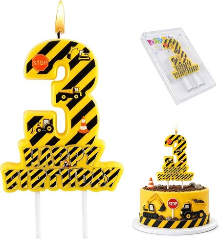 Construction Number 3 Birthday Candle, 3.5×3.2" Yellow and Black Striped Construction Themed 3rd Cake Topper Candles for Birthday Party Decorations in Saudi Arabia