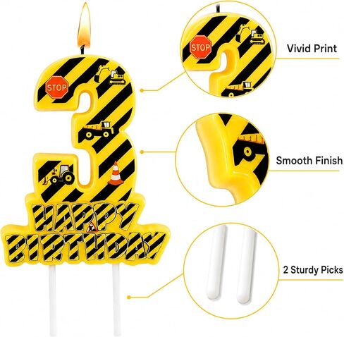 Construction Number 3 Birthday Candle, 3.5×3.2" Yellow and Black Striped Construction Themed 3rd Cake Topper Candles for Birthday Party Decorations in Saudi Arabia