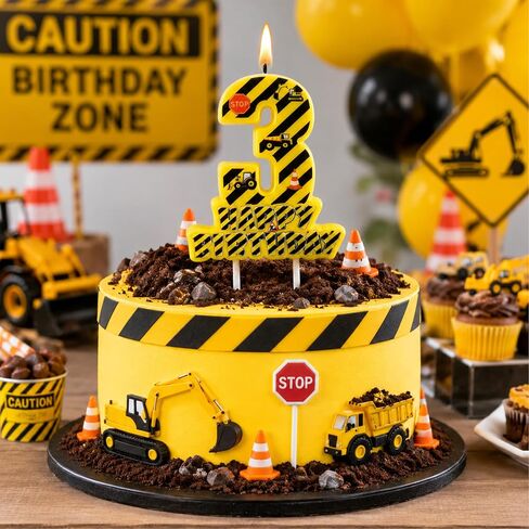 Construction Number 3 Birthday Candle, 3.5×3.2" Yellow and Black Striped Construction Themed 3rd Cake Topper Candles for Birthday Party Decorations in Saudi Arabia