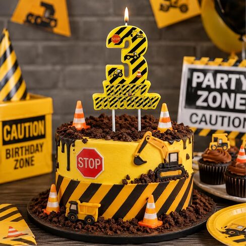 Construction Number 3 Birthday Candle, 3.5×3.2" Yellow and Black Striped Construction Themed 3rd Cake Topper Candles for Birthday Party Decorations in Saudi Arabia