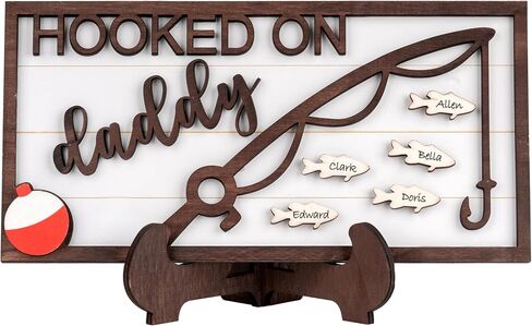 Personalized Dad Fishing Gift, Wood Sign with Stand for Fishing Dad, Fathers Day Plaque Gift with Family Names, Birthday Gifts for Daddy From Daughter Son Wife (Brown-Daddy) in Saudi Arabia